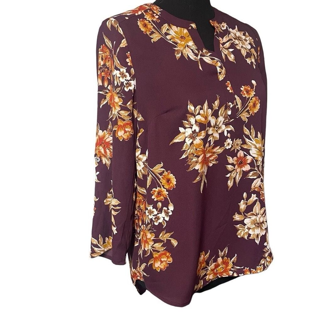 Daniel Rainn Burgundy Floral Notched Neck Top - Petite